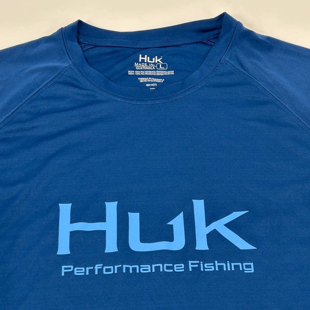 Huk Performance Fishing Shirt Mens Large Blue Long Sleeve‎ Logo Graphic Mesh